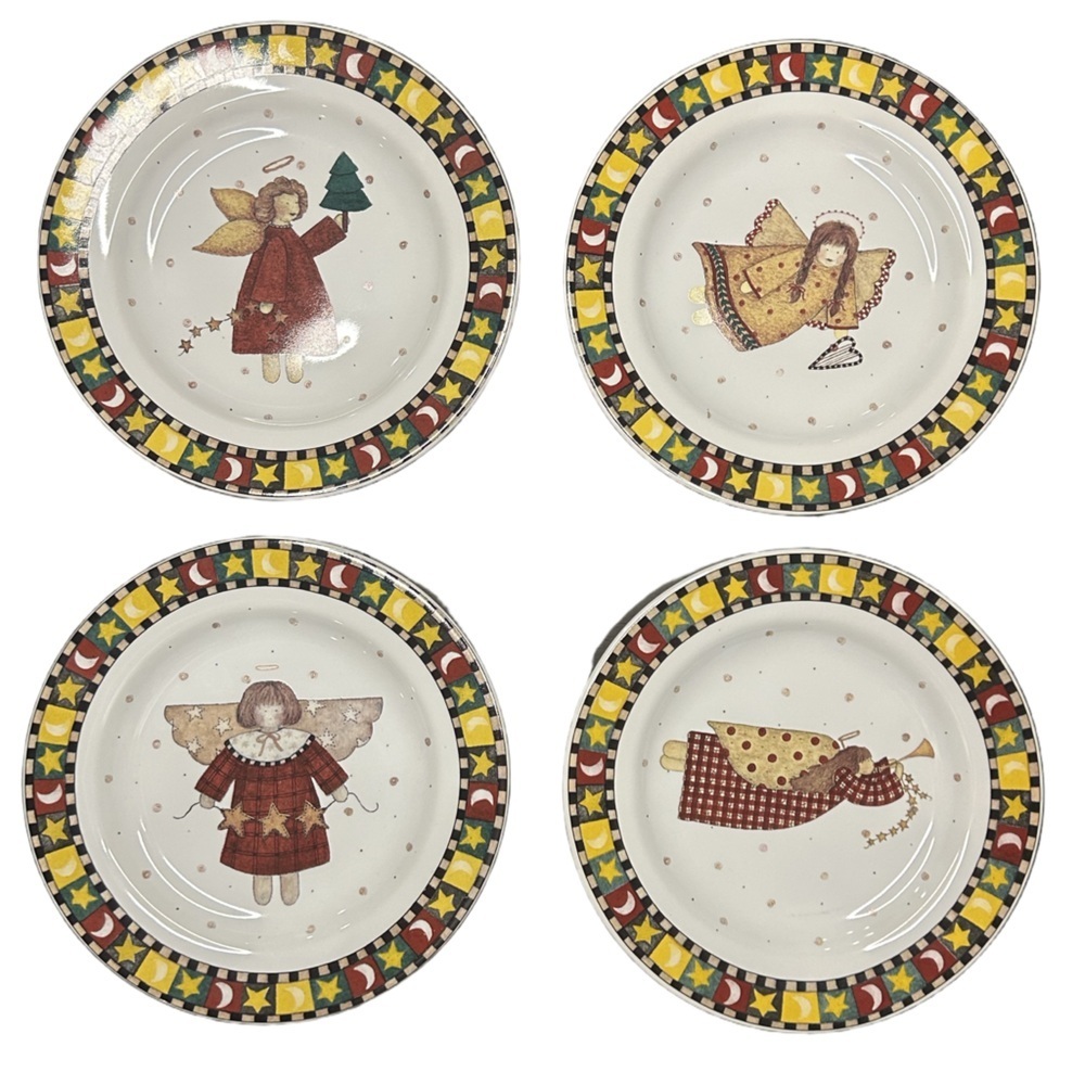 VTG Debbie Mumm whimsical country cottage Christmas angels 4 piece SALAD plates